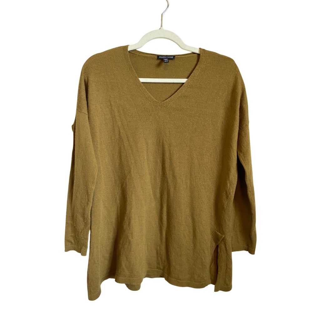 Eileen Fisher XS Green 100% Merino Wool V-Neck Side Slit Tunic Sweater
